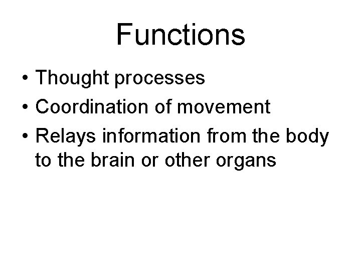 Functions • Thought processes • Coordination of movement • Relays information from the body
