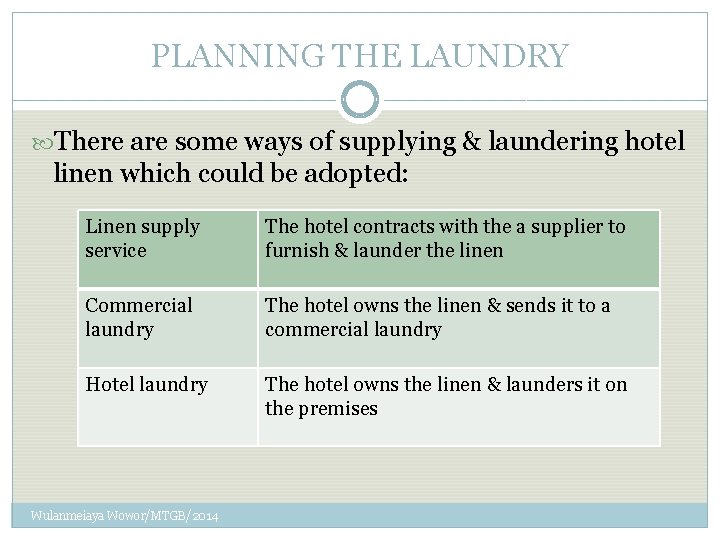 PLANNING THE LAUNDRY There are some ways of supplying & laundering hotel linen which