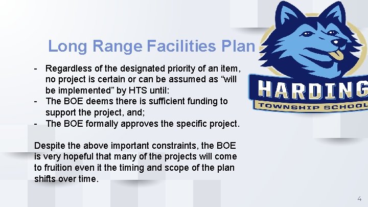 Long Range Facilities Plan - Regardless of the designated priority of an item, no