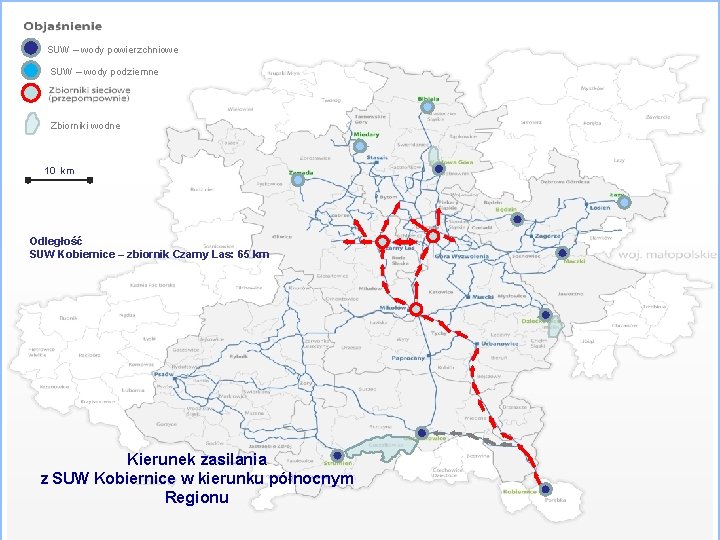 SUW – wody powierzchniowe SUW – wody podziemne Zbiorniki wodne 10 km Odległość SUW