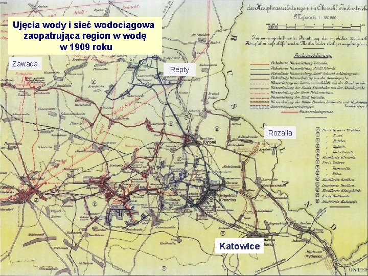 Ujęcia wody i sieć wodociągowa zaopatrująca region w wodę w 1909 roku Zawada Repty