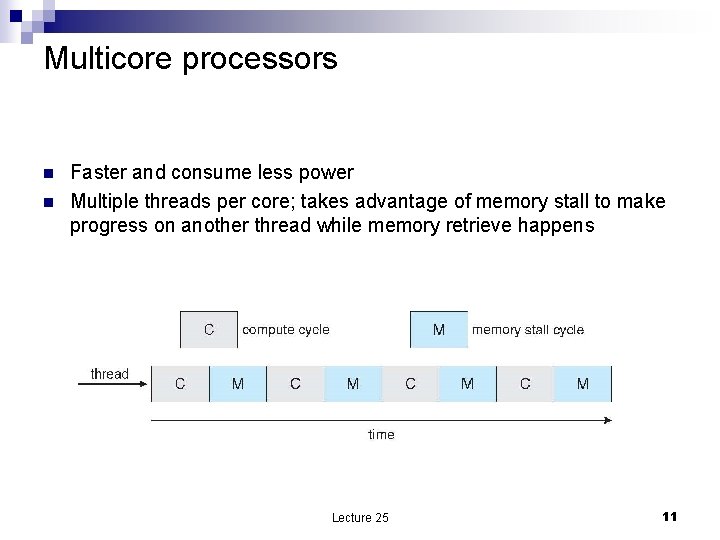 Multicore processors n n Faster and consume less power Multiple threads per core; takes