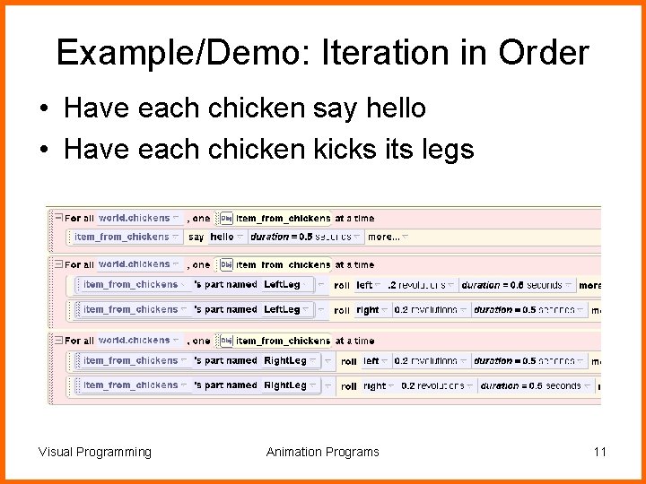 Example/Demo: Iteration in Order • Have each chicken say hello • Have each chicken