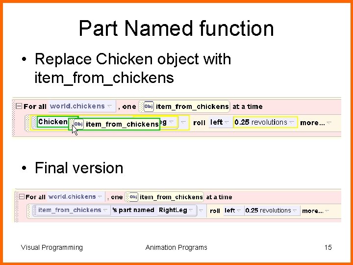 Part Named function • Replace Chicken object with item_from_chickens • Final version Visual Programming