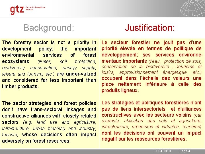 Background: The forestry sector is not a priority in development policy; the important environmental