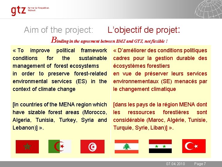 Aim of the project: L’objectif de projet: Binding in the agreement between BMZ and