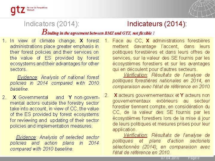 Indicators (2014): Indicateurs (2014): 1. In view of climate change, X forest administrations place