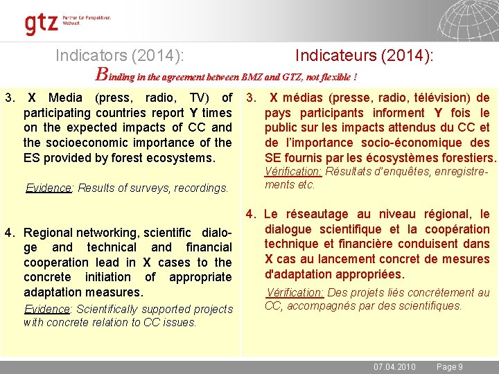 Indicators (2014): Indicateurs (2014): Binding in the agreement between BMZ and GTZ, not flexible
