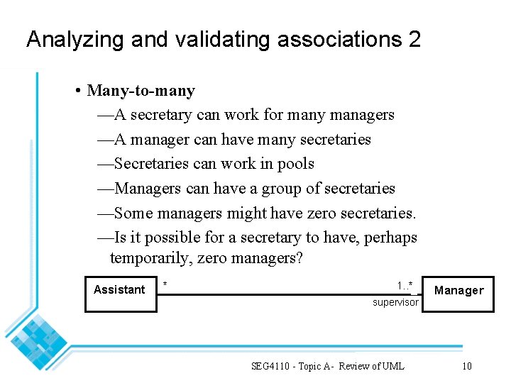 Analyzing and validating associations 2 • Many-to-many —A secretary can work for many managers