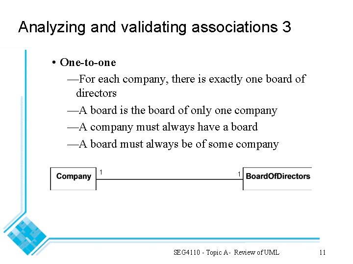 Analyzing and validating associations 3 • One-to-one —For each company, there is exactly one
