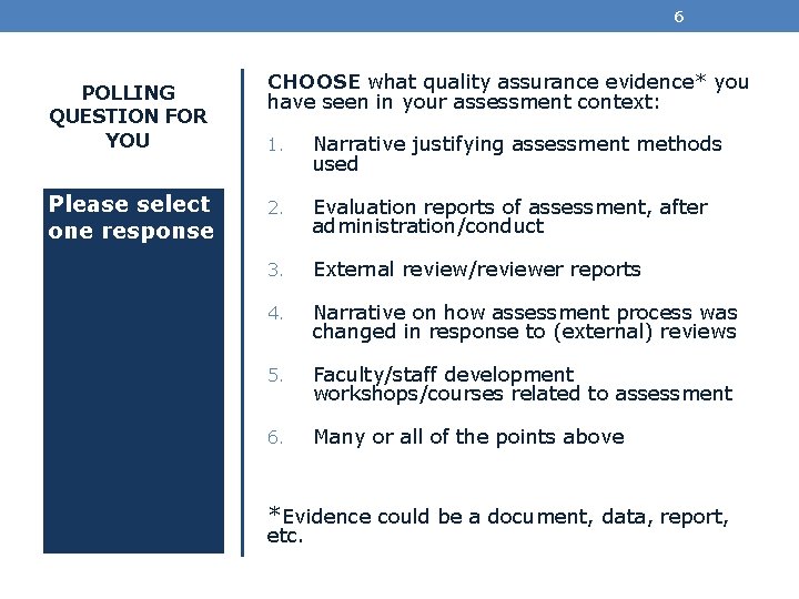 6 POLLING QUESTION FOR YOU Please select one response CHOOSE what quality assurance evidence*
