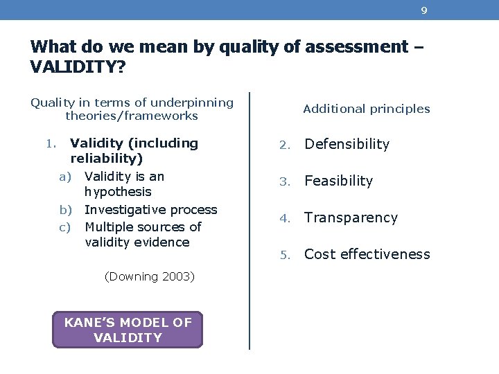 9 What do we mean by quality of assessment – VALIDITY? Quality in terms