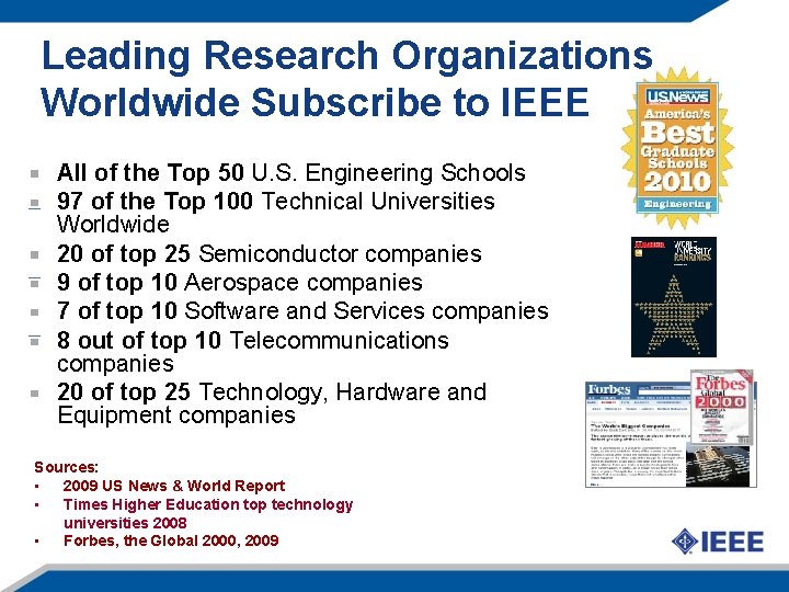 Leading Research Organizations Worldwide Subscribe to IEEE All of the Top 50 U. S.