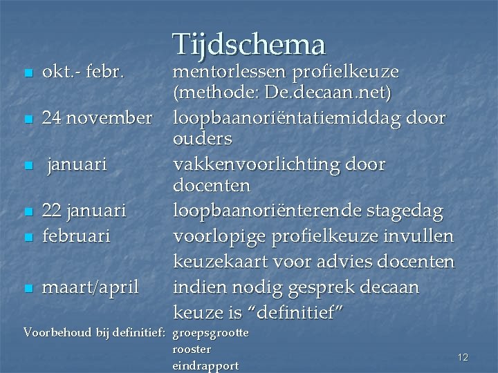 n n n okt. - febr. Tijdschema mentorlessen profielkeuze (methode: De. decaan. net) 24