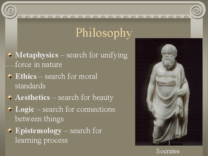 Philosophy Metaphysics – search for unifying force in nature Ethics – search for moral