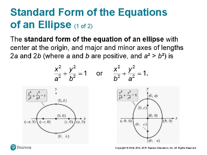 Standard Form of the Equations of an Ellipse (1 of 2) Copyright © 2018,