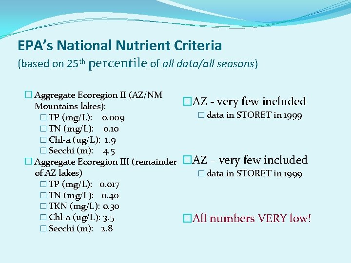 EPA’s National Nutrient Criteria (based on 25 th percentile of all data/all seasons) �