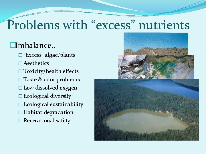 Problems with “excess” nutrients �Imbalance. . � “Excess” algae/plants � Aesthetics � Toxicity/health effects