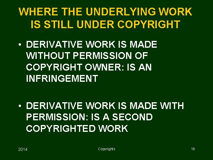 WHERE THE UNDERLYING WORK IS STILL UNDER COPYRIGHT • DERIVATIVE WORK IS MADE WITHOUT