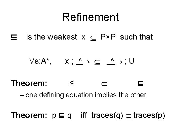 Refinement ⊑ is the weakest x P×P such that s: A*, Theorem: x; ≤