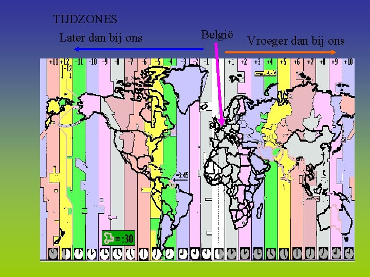 TIJDZONES Later dan bij ons België Vroeger dan bij ons 