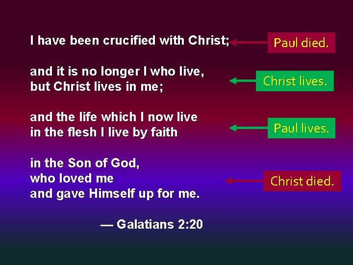 I have been crucified with Christ; and it is no longer I who live,