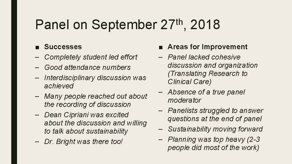 Panel on September 27 th, 2018 ■ – – – Successes Completely student led