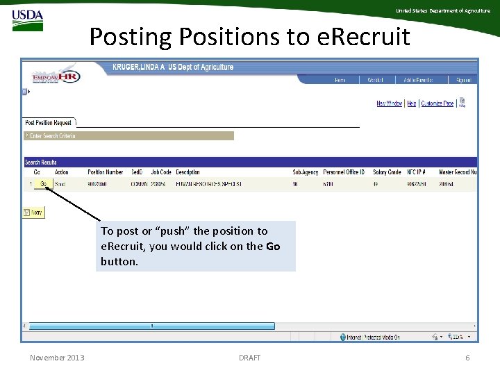 United States Department of Agriculture Posting Positions to e. Recruit To post or “push”