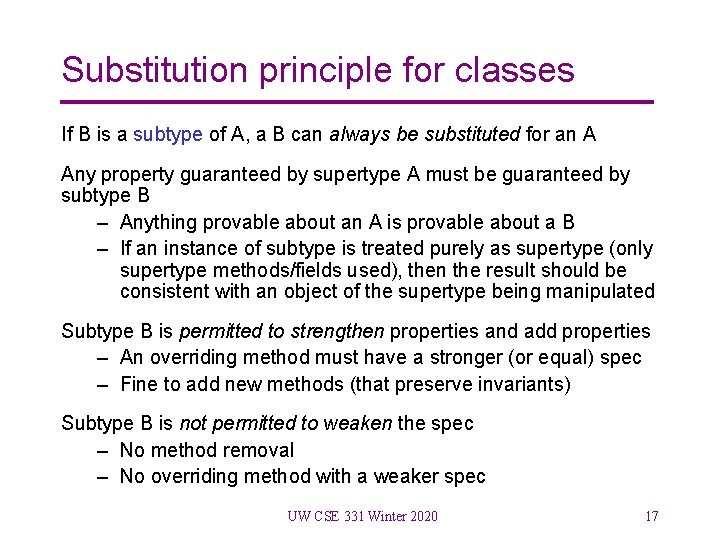 Substitution principle for classes If B is a subtype of A, a B can