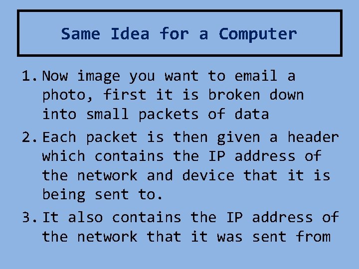 Same Idea for a Computer 1. Now image you want to email a photo,