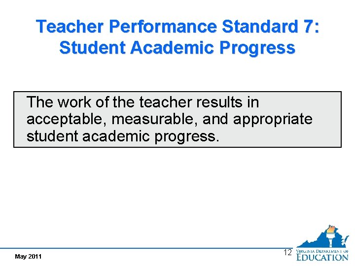 Teacher Performance Standard 7: Student Academic Progress The work of the teacher results in