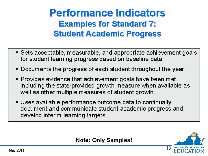 Performance Indicators Examples for Standard 7: Student Academic Progress § Sets acceptable, measurable, and
