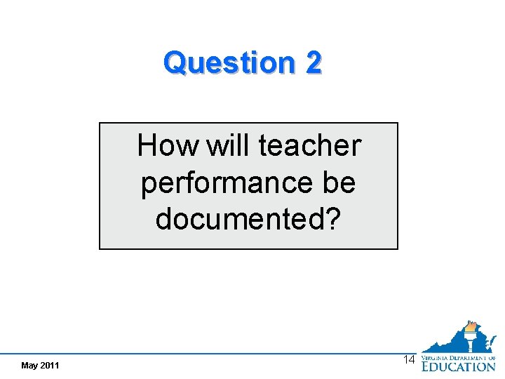Question 2 How will teacher performance be documented? May 2011 14 