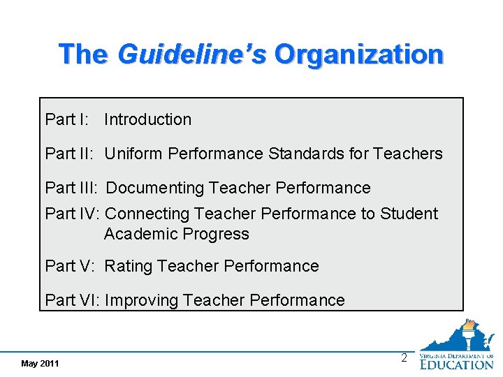 The Guideline’s Organization Part I: Introduction Part II: Uniform Performance Standards for Teachers Part
