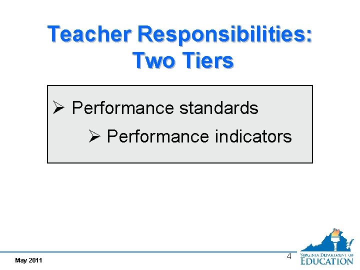 Teacher Responsibilities: Two Tiers Ø Performance standards Ø Performance indicators May 2011 4 
