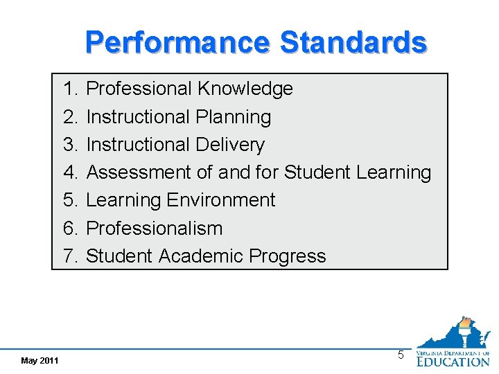 Performance Standards 1. 2. 3. 4. 5. 6. 7. May 2011 Professional Knowledge Instructional