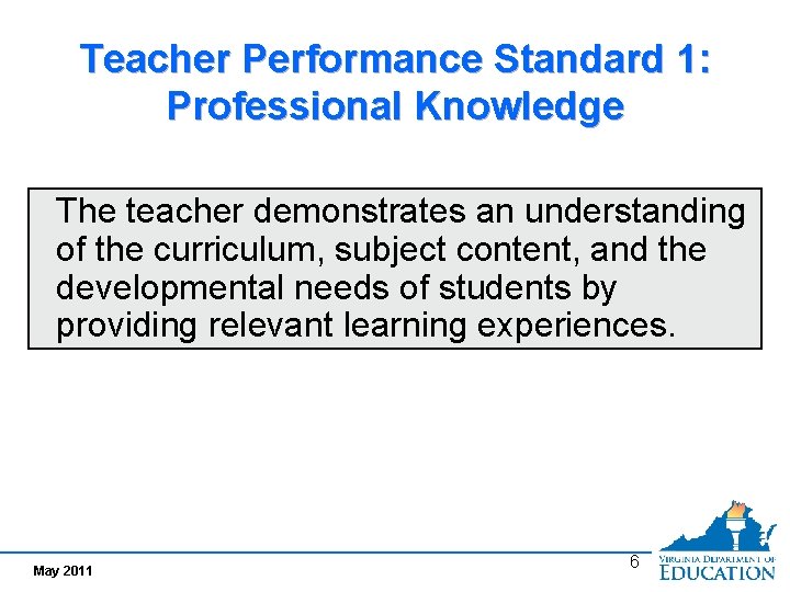 Teacher Performance Standard 1: Professional Knowledge The teacher demonstrates an understanding of the curriculum,