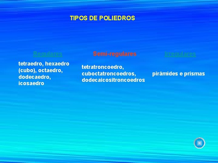 TIPOS DE POLIEDROS Regulares tetraedro, hexaedro (cubo), octaedro, dodecaedro, icosaedro Semi-regulares Irregulares tetratroncoedro, cuboctatroncoedros,