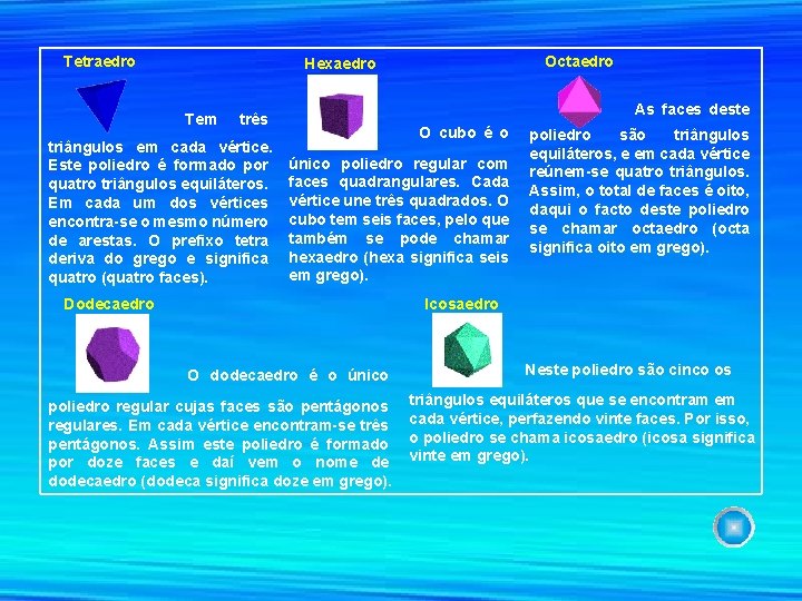 Tetraedro Octaedro Hexaedro Tem As faces deste três triângulos em cada vértice. Este poliedro