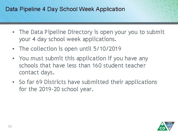 Data Pipeline 4 Day School Week Application • The Data Pipeline Directory is open