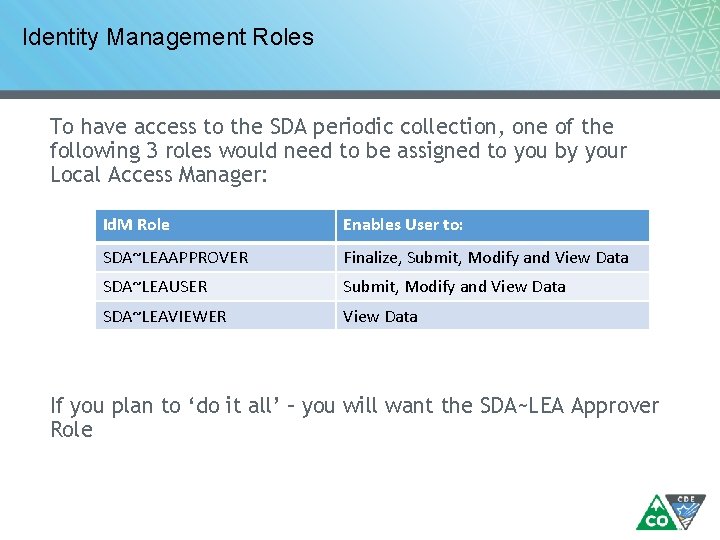 Identity Management Roles To have access to the SDA periodic collection, one of the