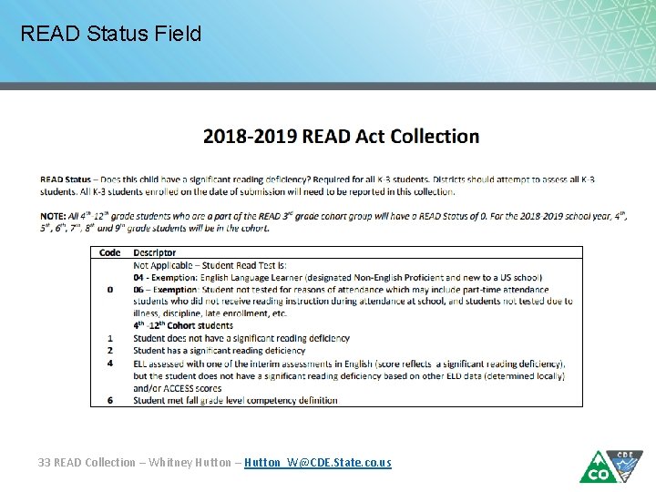 READ Status Field 33 READ Collection – Whitney Hutton – Hutton_W@CDE. State. co. us