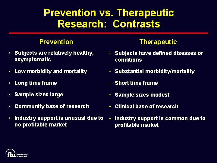 Prevention vs. Therapeutic Research: Contrasts Prevention Therapeutic • Subjects are relatively healthy, asymptomatic •