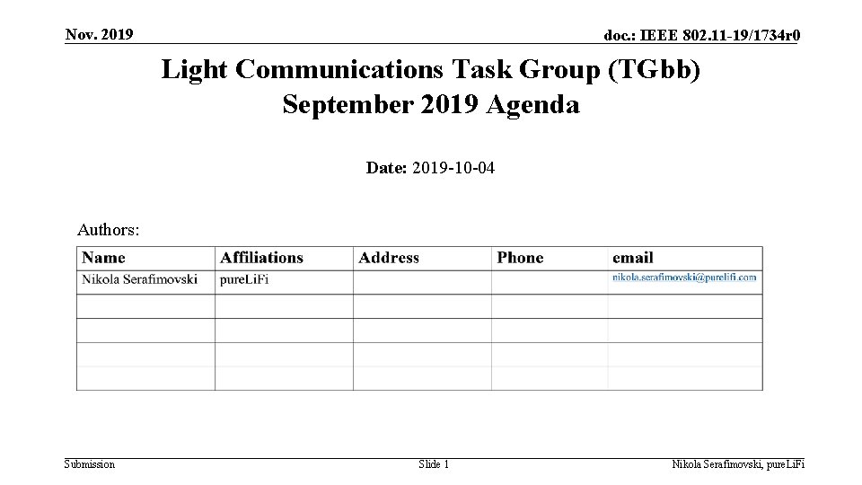 Nov. 2019 doc. : IEEE 802. 11 -19/1734 r 0 Light Communications Task Group Nov. 2019 doc. : IEEE 802. 11 -19/1734 r 0 Light Communications Task Group