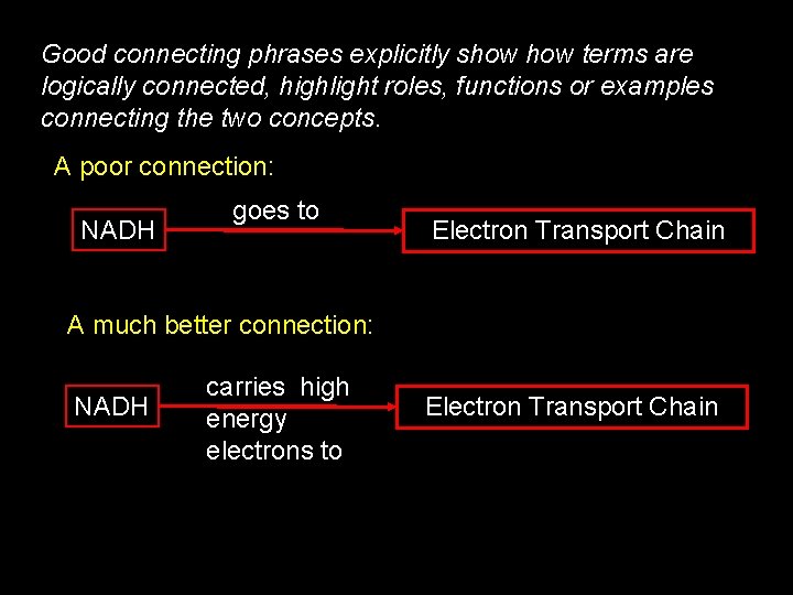 Good connecting phrases explicitly show terms are logically connected, highlight roles, functions or examples