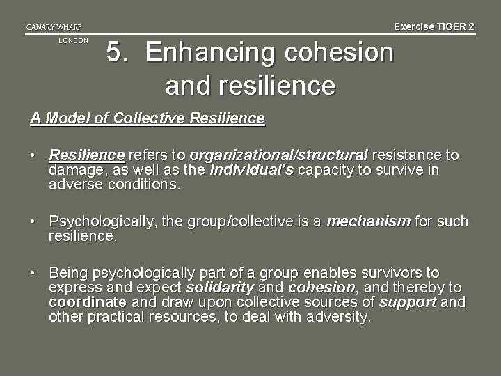 Exercise TIGER 2 CANARY WHARF LONDON 5. Enhancing cohesion and resilience A Model of