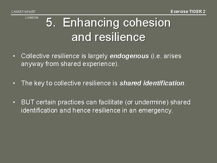 CANARY WHARF LONDON Exercise TIGER 2 5. Enhancing cohesion and resilience • Collective resilience