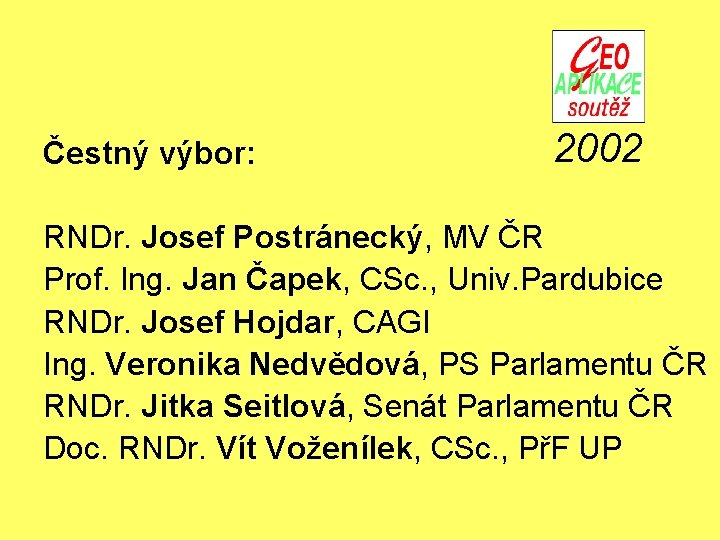 Čestný výbor: 2002 RNDr. Josef Postránecký, MV ČR Prof. Ing. Jan Čapek, CSc. ,