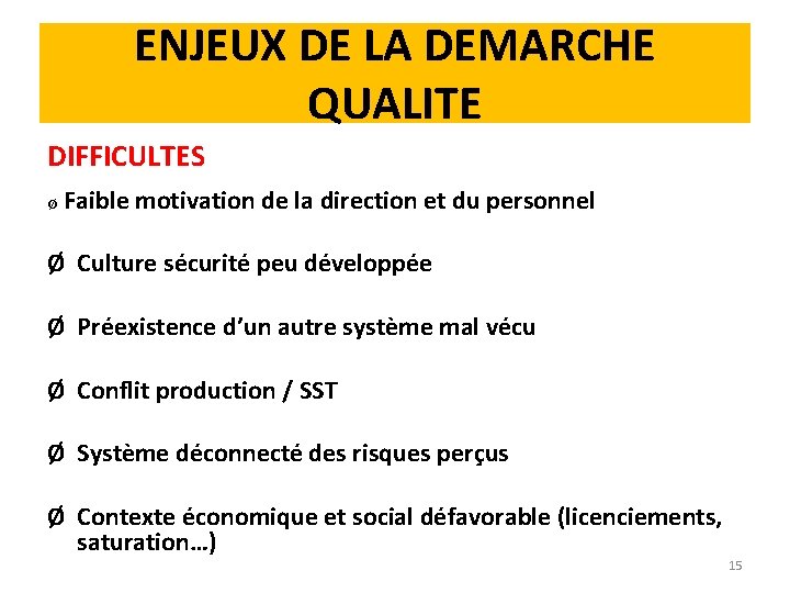 ENJEUX DE LA DEMARCHE QUALITE DIFFICULTES Ø Faible motivation de la direction et du