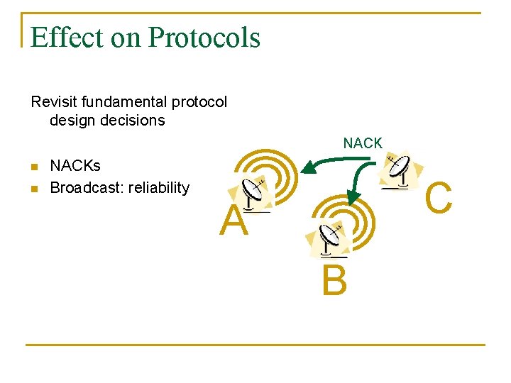 Effect on Protocols Revisit fundamental protocol design decisions NACK n n NACKs Broadcast: reliability